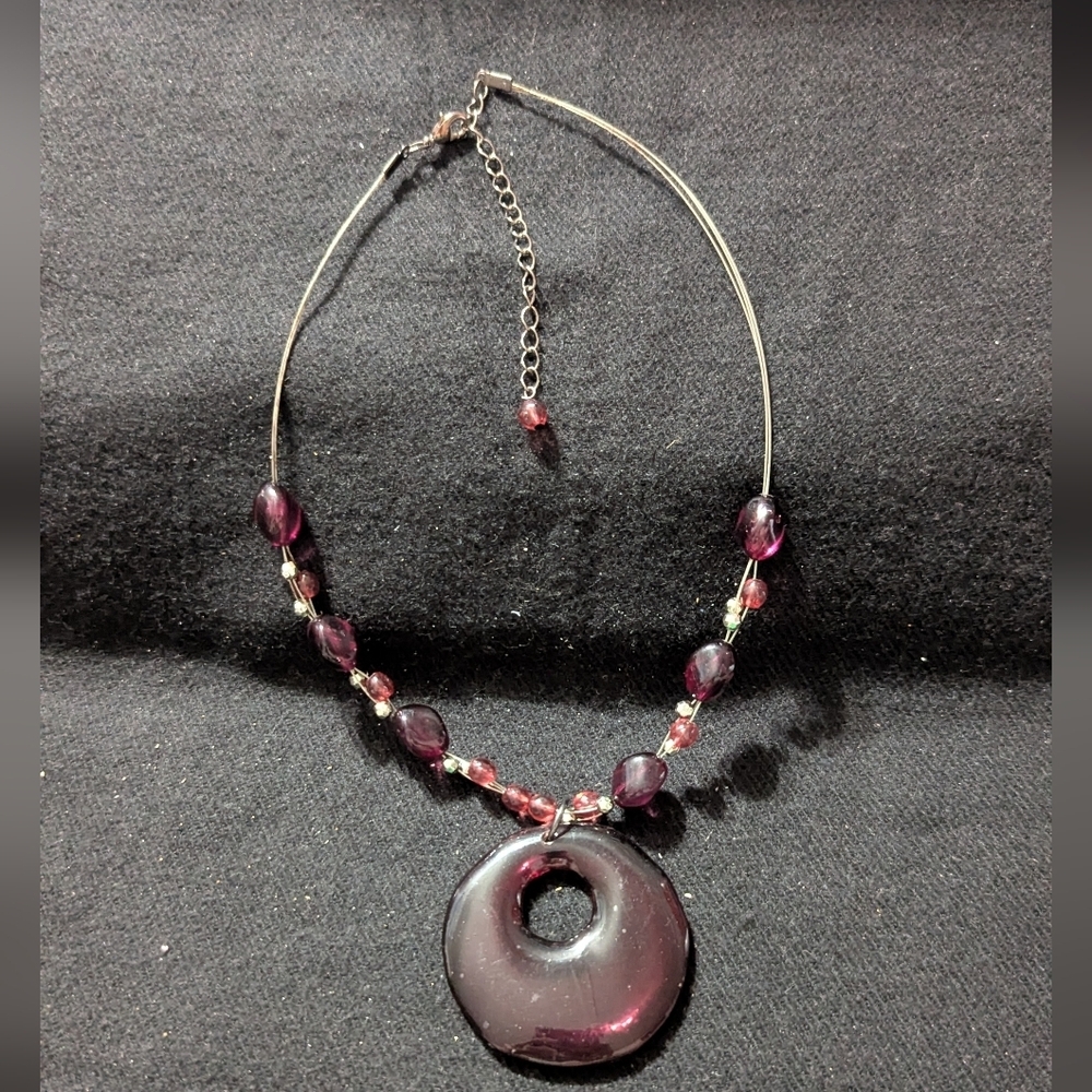 Silver Tone Purple Beaded Pendant Statement Necklace